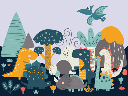 Set of cute baby jurassic dinosaurs, egg, leaf, volcano. Childish prehistoric dino paleontology. Brontosaurus and velociraptor, triceratops and tirex, tyrannosaurus and pterodactylus. Cartoon vector. Vector illustrationのイラスト素材