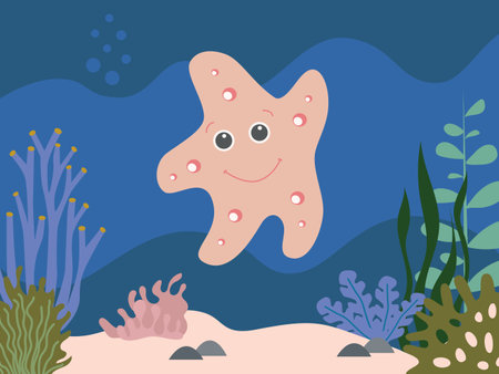 Colorful underwater world with sea star, starfish amongst the seaweed and rocks, vector cartoon illustrationのイラスト素材