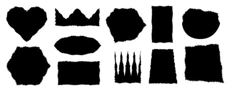 Jagged rectangles collection. Set of black grunge element, shapes with jagged edges. Torn paper pieces for collage, text box, banner, sticker. Vectorのイラスト素材