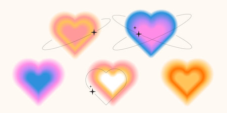 Y2k style blurred gradient shapes with linear forms and sparkles, blurry flower or heart aura aesthetic elements. Modern minimalist design element with blur gradients for logo vector template setのイラスト素材
