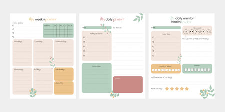 Bullet journal template. Weekly, daily planer. Mental health planer. Ready to print 8,5x11 in pagesのイラスト素材
