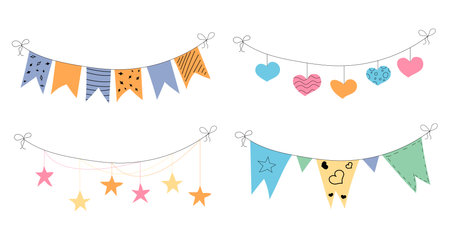Flag garland bunting heart, star birthday party flat set. Anniversary, celebration party hanging flags cartoon collection. Buntings pennants, festival decoration. Isolated vector illustrationのイラスト素材