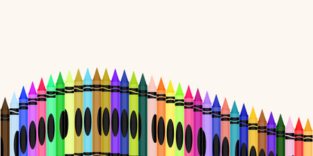 Colorful wax crayon frame illustration. Education School Supply - Black, Indigo, Blue, Turquoise, Teal, Green, Yellow, Orange, Red, Pink, Purple, Brown, and Gray Crayons Isolatedのイラスト素材