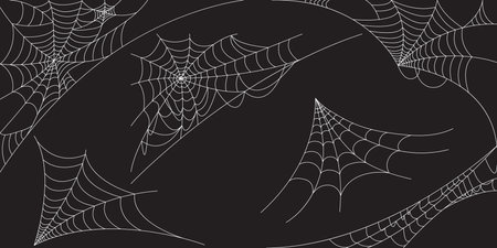 Corner Cobweb, isolated on black, transparent background. Spiderweb for Halloween design. Spider web elements, spooky, scary, horror halloween decor.のイラスト素材