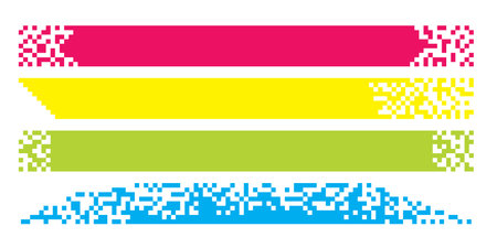 Pixel banner. Header, footer color layout with mosaic edges. Horizontal title tags with pixels. Labels pixelated decoration advertising vector elements. Rectangular dotted shapes isolated setのイラスト素材