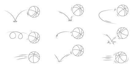 Doodle sport basketball ball trajectory bounce collection. Line hand drawn balls setのイラスト素材