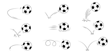 Doodle sport soccer football ball trajectory bounce collection. Line hand drawn balls setのイラスト素材