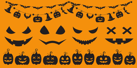 Halloween party decoration garland set with bats, pumpkins, witch hat. Cute Jack O Lantern Evil Pumpkin Garland Set for Halloween. Simple banner hanging party classy decor vector element.のイラスト素材