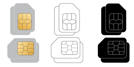 Set of sim cards. ID card mockup template. Realistic vector illustration for design. Mobile cellular phone. Sign, symbol, icon or logo isolated on background. EMV gold chip. Concept of technology.のイラスト素材
