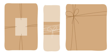 Gift box vector design with white and brown bow and craft wrapping on isolated white background.のイラスト素材