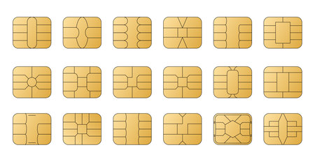 EMV chip golden vector icons. Contactless payment at terminals and ATMs. Set line nfc symbol. Square computer microchips for credit debit cards.のイラスト素材