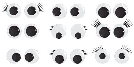 A set of plastic toy eyes. Glossy, bulging, puppet eyes. Cute, round, vector, isolated elements. Look down, up, left, right. Different, shaking, silly, hilarious pairs of eyeballs.のイラスト素材