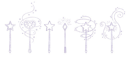 Magic wands doodle set. Fairytale element in sketch style. Hand drawn vector illustration isolated on white backgroundのイラスト素材