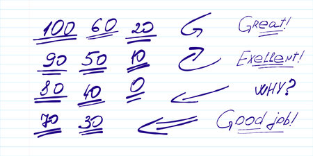 Grading Marks and Comments Doodle Illustration. Fun hand drawn doodles with phrases like Excellent, Great, and No, ideal for school feedback, journals, and classroom visuals.のイラスト素材