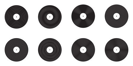 Music records and turntable icon pack Vinyl LP discs in retro style DJ setup for 70s 80s 90s club scene Vector illustration on white backgroundのイラスト素材