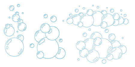 Line drawing soap bubbles collection. Blue water bubbles with sparkle effect in doodle style. Vector outline for bath product branding, soda drink ads, or hygiene educational visuals.のイラスト素材