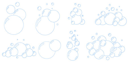 Set of sparkling soap bubbles in line art. Vector doodle design of water bubbles in cartoon style. Outline blue foam elements for bath, soda, cleanliness, or playful hygiene packaging.のイラスト素材