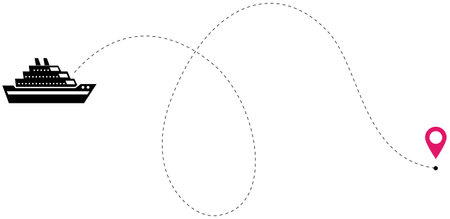 Cruise ship voyage vector illustration with dotted route travel path isolated on white background marine navigation journey trip sea tourism infographic concept design map symbol graphicのイラスト素材