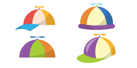 Collection of vibrant propeller cap icons set vector illustration playful hat assortment colorful whimsical styles fun headwear isolated design graphic element childhood accessory backgroundのイラスト素材