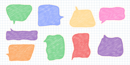 Hand drawn comic talk bubbles in sketch style, crayon doodle frames on chequered background, chalk pencil vector illustration with grunge texture for educational and fun design workのイラスト素材