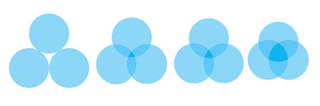 Blue circular venn diagram line with multiple overlapping small round sections. Vector infographic for data balance. Intersect chart model business graphic neat geometric element layoutのイラスト素材
