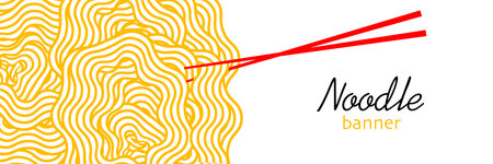 Noodle banner. Spaghetti pattern on white. Vector illustration of noodle background. Template for banner or menu of Asian food.のイラスト素材