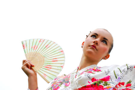 caucasian model dressed up in traditional japanese clothingの写真素材