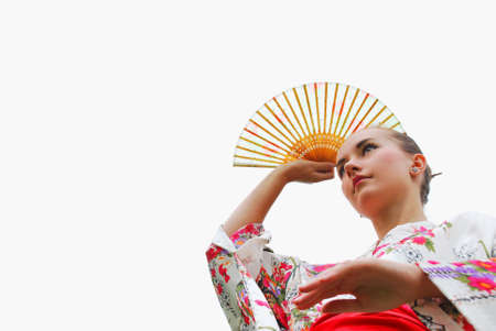 caucasian model dressed up in traditional japanese clothingの写真素材