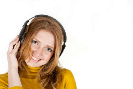 woman with headphones listening to musicの写真素材