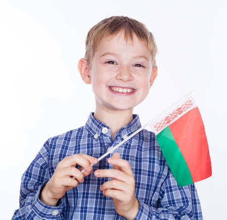 A little boy with belarusian flag on the white backgroundの写真素材
