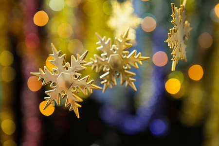 Christmas decoration against lights blurred backgroundの写真素材