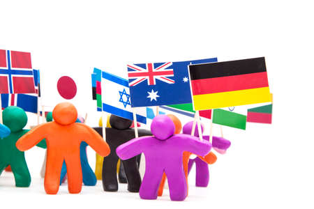 Crowd group of colourful plasticine humans with the various flags  on the whiteの写真素材