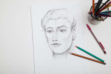 Drawn portrait of a man in black and whiteの写真素材