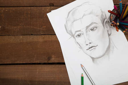 Drawn portrait of a man in black and whiteの写真素材