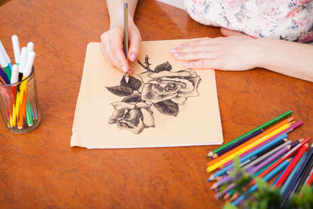 Closeup of drawing at the deskの写真素材