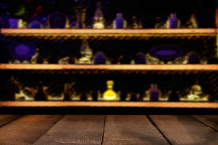 Empty wooden table and modern kitchen backgroundの写真素材