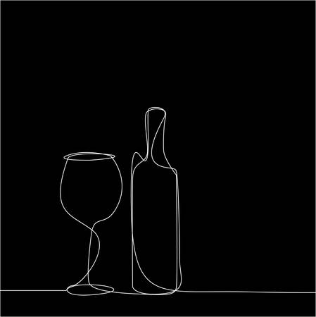 Vector linear black illustration of wine bottle and glass.のイラスト素材