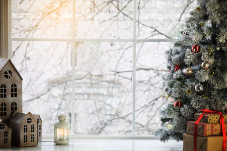 Fairytale winter christmas window and christmas objectの写真素材