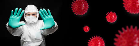 Stop the infection. Doctor man showing gesture stop.の写真素材