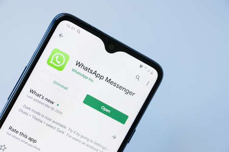 Minsk,Belarus -april 13 2020. View of WhatsApp icon on the smartphone.のeditorial素材