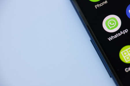 Minsk,Belarus -april 13 2020. View of WhatsApp icon on the smartphone.のeditorial素材
