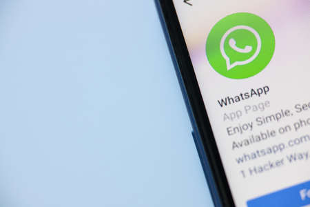 Minsk,Belarus -april 13 2020. View of WhatsApp icon on the smartphone.のeditorial素材