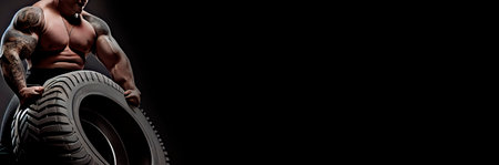 Bodybuilder working out in gym doing exercises with car tire at biceps created with Generative Aiの写真素材