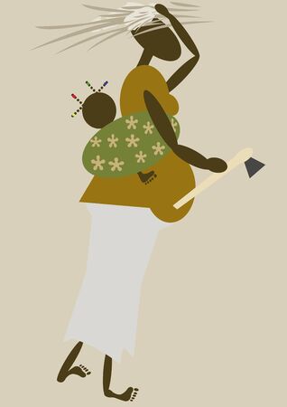 African mother with baby on her backの写真素材