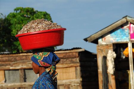 Mwanza,Tanzania-1 March,2010:a woman walking on the head brings the fish to sell at the market. One of the major activities in Mwanza is the fish of Lake Victoria fisheriesのeditorial素材