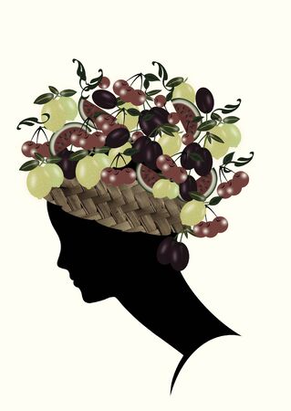 woman s profile with hair of fruit   の写真素材