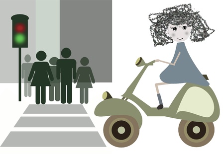 funny child drives her motorcycle in the streetの写真素材