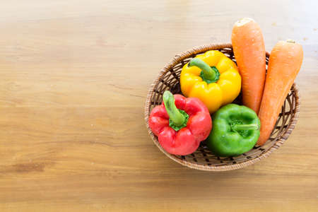 Bell pepper, Lettuce, Red cabbage on wooden table