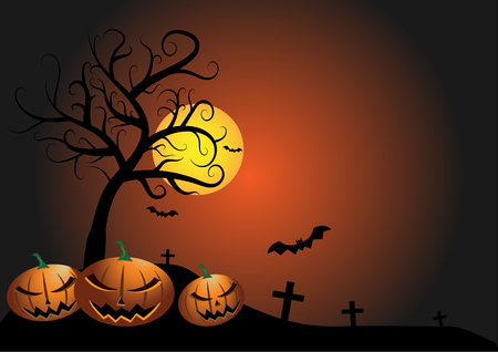 Halloween pumpkin spooky with dark bat and dark tree background, Vector illustratorのイラスト素材