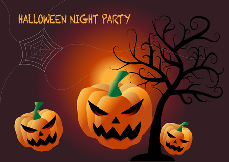 Halloween pumpkin spooky with spider web and dark tree background, Vector illustratorのイラスト素材